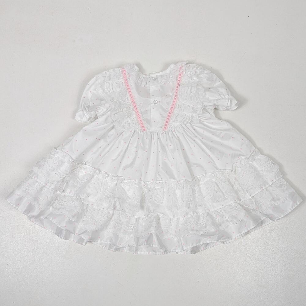 Vintage Mothercare Dress Girls Size 18m White Polka Dot Frilly Party Lace - Picture 4 of 5